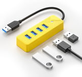 Hub USB 3.0,4 Ports USB 3 pour Ordinateur Portable, Transfert de données Rapide USB 3.0 (câble de 15 cm) Compatible avec MacBook, PS4, Surface Pro, Flash Drive, Mobile HDD, Jaune (PG4U-U3)