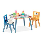 Relaxdays Set Table & 2 chaises Enfants, Table Enfant avec 2 chaises, garçon & Fille, MDF & Bois, Coin Salon Multicolore