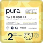 Pura Baby Nappies Size 2 (Mini 3-6kg / 6-13 lbs) Monthly Pack 4 x 38 per pack, 152 Newborn Nappies, New Baby, Allergy UK Approved, Made with Organic Cotton, Wetness Indicator