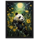 Artery8 Midsummer Night's Panda Dream Oil Painting Panda Bear in a Full Moon Sunflower Field Landscape Kids Bedroom Artwork Framed Wall Art Print A4