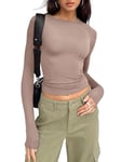 Trendy Queen Womens Long Sleeve Shirts Basic Spring Crop Tops Fall Fashion Layering Slim Fitted Y2k Tops, Latte, M