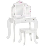 HOMCOM Coiffeuse Enfant avec Tabouret, Miroir triptyque et tiroir Coulissant - Coiffeuse dim. 63L x 40l x 85,5H cm - Blanc Acrylique