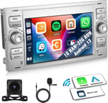 1+32G Android 13 Autoradio Pour Ford Fiesta/Transit/Fusion/Mondeo/Kuga/Connect/Galaxy/C- /S- Avec Carplay Android Auto Sans Fil, 7 '' Écran Tactile Avec Gps Wifi Bt Fm Rds Eq Swc + Caméra Arrière