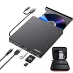 ORIGBELIE External CD DVD Drive, CD Burner USB 3.0 with 2 USB Ports and 2 TF/SD Card Slots, Optical Disk Drive for Laptop Mac, PC Windows 11/10/8/7 Linux OS with Carrying Case