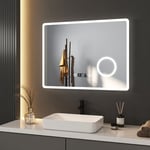 Meykoers - Miroir de salle de bain lumineux avec Anti-buée 80x60cm Miroir Mural led avec horloge, 3x Loupe et Commutateur Tactile