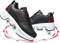 Patins À roulettes Roues Réglables Déformation Chaussures À roulettes Double Usage Walking Skates Chaussures De Sport De Plein Air pour Adultes Interrupteur De Sécurité,Black Red,40