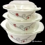 3 Pcs Casserole Opal Serving Dish Set ROSE Print Gift Boxed Home With Glass Lid