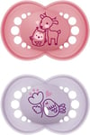 MAM Original Soother 16+ Months (Pack of 2), Baby Soother Made from Sustainable Material, SkinSoft Silicone Teat, with MAM Soother Case, Pink (Designs May Vary)