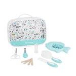 Badabulle Trousse de Soin Bébé Plouf - Dès la naissance - Kit Complet 7 Accessoires dont Brosse, Thermomètre de bain, Paire de Ciseaux Arrondis - avec Poches