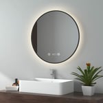 Emke - Miroir lumineux salle de bain rond diamètre 60cm Cadre Noir, Miroir led avec Interrupteur Tactile, Anti-buée, Horloge et Temperature, Lumière