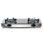 NJ NGB-S2 Indoor Gas Stove - 2 Burner Portable Gas Hob LPG Cooker Cooktop for Caravan Black Glass Freestanding Table Top for Home Kitchen Camping Garden Catering 6.8kW