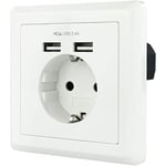 Prise murale encastrée Schuko type F, blanche, 2 prises USB 16/A 2,4A