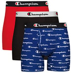 Champion Men's Boxer Briefs, Every Day Comfort Stretch Cotton Moisture-Wicking Underwear, Multi-Pack, Blue White Script Logo/Black/Red-3 Pack, L (Pack of 3)