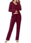 Lovasy Pyjama Femme Coton Long Ensemble de Pyjama Sexy Hiver Grande Taille Pyjamas Deux Pièces Col en V Manches Longues Vêtement de Nuit avec Poches,C Rouge,XXL