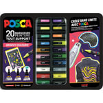 Uni Posca Mallette Groovy Colours de 20 marqueurs peinture Posca, 3 pointes PC1MC, PC3MC et PC5M, couleurs assorties