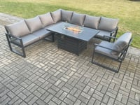 Aluminum Outdoor Garden Furniture Corner Sofa Chair Gas Fire Pit Dining Table Sets Gas Heater Burner Dark Grey 8 Seater