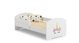 ADRK Furniture Pepe Barrier Unicorn -lastensänky, 140 x 70 cm, valkoinen + patja