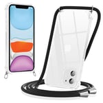 Yoedge Coque pour iPhone 11 avec Cordon 6,1", Transparente Coque Collier Réglable Téléphone Étui Portable Lanyard Housse, Etui avec PC + TPU Bumper Anti-Chute Protection Case, Noir