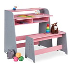 Relaxdays Bureau Enfant avec Banc, 2 Compartiments, Hauteur Table réglable, HxLxP: 88 x 90 x 48 cm, Rose-Gris