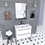 AURLANE Pack Meuble de Salle de Bain 80x50cm Blanc - 2 tiroirs Blanc - Vasque Blanche + Miroir Noir Mat