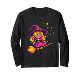 Pixelated Little Purple Witch on a Broomstick for Kids Long Sleeve T-Shirt