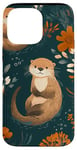 Coque pour iPhone 14 Pro Max Orange minimaliste floral mignon loutre de mer sur bleu sarcelle uni