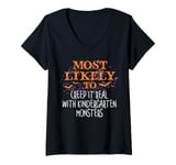 Womens Most Likely To Creep It Real With Kindergarten Monsters V-Neck T-Shirt