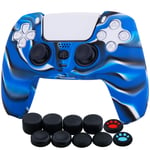 YoRHa Silicone Thickened Cover Skin Case for Sony PS5 Dualsense Controller x 1(Camouflage Blue) with Thumb Grips x 10