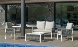 Salon de jardin Sofa Aluminium et Corde HAVANA-7 Finition BLANC/CORDAGE GRIS Tissus ANAIS BLANC DRALON de 4 à 5 places