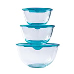 Glass Bowl Set 3pcs Pyrex Prep & Store Bowls w/ Lid Preserve Storage Containers