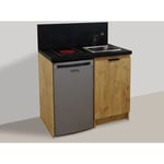 Kitchenette chêne golden 100cm + plaque de cuisson + refrigerateur + evier + mitigeur