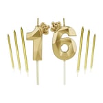 16th Gold Crown Birthday Candles Set, with 6Pcs Long Candles，Birthday Numbers 16 Candles, Happy Birthday Cake Topper for Birthday Party Parties Weddings Company Anniversarie (Gold, 16)