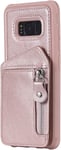 Coque Pour Iphone 6s Plus / 6 Plus 5,5 Pouces [Avec Verre Trempe], Fermeture Eclair Housse En Pu Cuir Case De Protection Portefeuille Cover [Fentes Pour Cartes] (Rose)