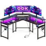 ODK Bureau Gaming avec LED, Bureau d'angle Gaming avec Prises et Ports USB, Bureau Gaming Angle avec Support pour Moniteur, Noir Carbone, 129x129 cm