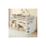 Lit mezzanine enfant 90x200cm - avec 4 toboggan et échelle de rangement et table, sommier à lattes, lit adulte pour ado, style contemporain - blanc