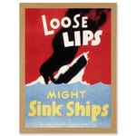 War World WW2 USA Loose Lips Sink Ships A4 Artwork Framed Wall Art Print