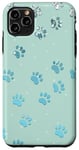 Coque pour iPhone 11 Pro Max Motif pattes de chien gris bleu clair, sur un vert menthe