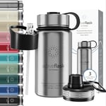 Gourde Inox Isotherme ACTIVE FLASK 1l/500ml sans BPA + Paille (3 Bouchons) | Bouteille d’eau Acier Inoxydable Isolée, Thermos Réutilisable | Camping Velo Sport Running Randonnée Enfant, Café The