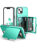 WeLoveCase for iPhone 13 / iPhone 14 Wallet Case with Credit Card Holder & Hidden Mirror, Two Layer Shockproof Heavy Duty Protection Cover Protective Case for iPhone 13/14 6.1 Inch-Mint Green