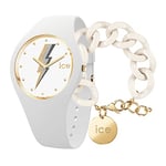 ICE-WATCH - Ice Glam Rock Electric White - Montre Blanche pour Femme avec Bracelet en Silicone - 019857 (Small)+ Chain Bracelet - Almond Skin - Bracelet Mailles XL de Couleur Blanc cassé (020353)