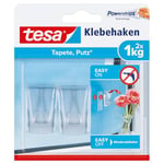 tesa Crochet Adhésif pour Verre et Surfaces Transparentes 1kg - Peut soutenir des Objets jusqu'à 1kg par Crochet - Paquet de 2 Crochets avec 4 Languettes Adhésives