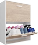 CASABEL Meuble de Rangement à Chaussure 12 Paires - Grande Capacité pour Entrée - L60xP24xH80 cm - Portes Bois Clair Cadre Blanc