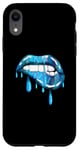 Coque pour iPhone XR Blue Dripping Biting Lips Rouge à lèvres Effet années 80