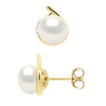 Ateliers Saint Germain Womens Earrings Surroundings Diamonds 0,03 Cts Yellow Gold - Real Cultured Freshwater Pearls Button 7-8 mm - One Size