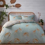 Fusion - Housse de Couette Motif Girafe Bleu Canard - Lit Double (200 x 200 cm) - Design réversible - Animaux du Zoo - Parure de lit Gris et Bleu avec imprimé girafes - Fermeture à Pression - Cadeaux