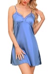 Lovasy Nuisette Sexy Femme en Satin Court Chemise de Nuit Babydoll Soie Grande Taille Bretelles Réglables Sling Robe de Nuit Col en V sans Manches C Bleu Violet L