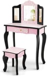 Ensemble de Coiffeuse et Tabouret pour Enfants avec Miroir Rabattable Courbes Arrondies Bureau de Maquillage 2 en 1