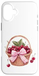 Coque pour iPhone 16 Plus Noeud coquette rose sur un panier en osier avec cerises