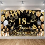 Seutgjie Banderole Joyeux Anniversaire 18 Ans 2007-2025, Décoration Anniversaire 18 Ans Toile de Fond Anniversaire Hommes/Femmes, Bannière Joyeux Anniversaire pour Fête, Or Noir 180 x 110 cm