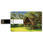 4G USB Flash Drives Credit Card Shape Tiki Bar Decor Memory Stick Bank Card Style Tiki Hut in Dreamy Fantasy Forest Tropical Island Wildlife Greenery,Green Blue Brown Waterproof Pen Thumb Lovely Jump